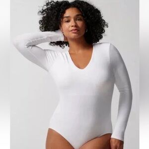 Soma Ribbed Optic White Long-Sleeve V-Neck Bra Bodysuit Large NWT
